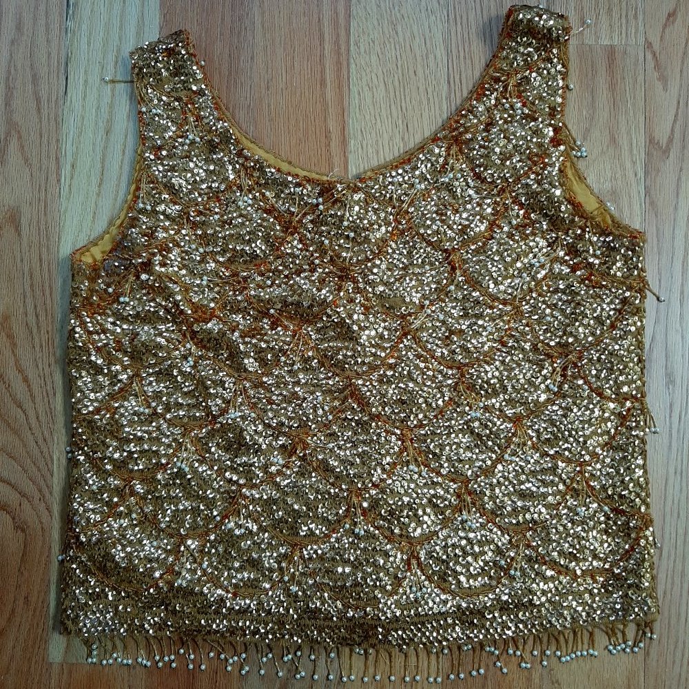 Vintage gold sequin top with pearl dangles, size 38 (M-L)